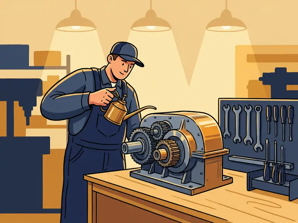 Technicus smeert grote industriële tandwielkast op werkbank met oliekan, gereedschap netjes gerangschikt in verlichte werkplaats.