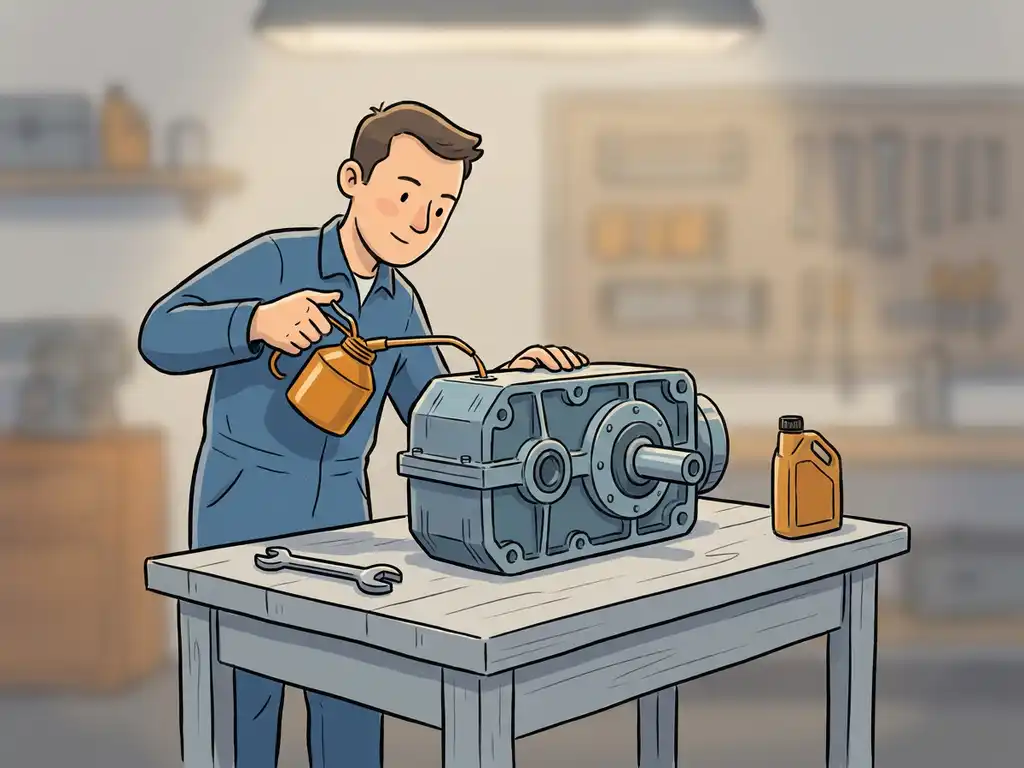 Technicus smeert een grote industriële tandwielkast op een werkbank, met moersleutel en oliekan ernaast.