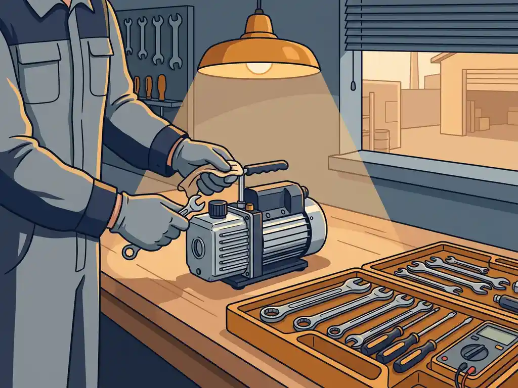 Technicus voert onderhoud uit op een compacte vacuümpomp op een nette werkbank met georganiseerd gereedschap.