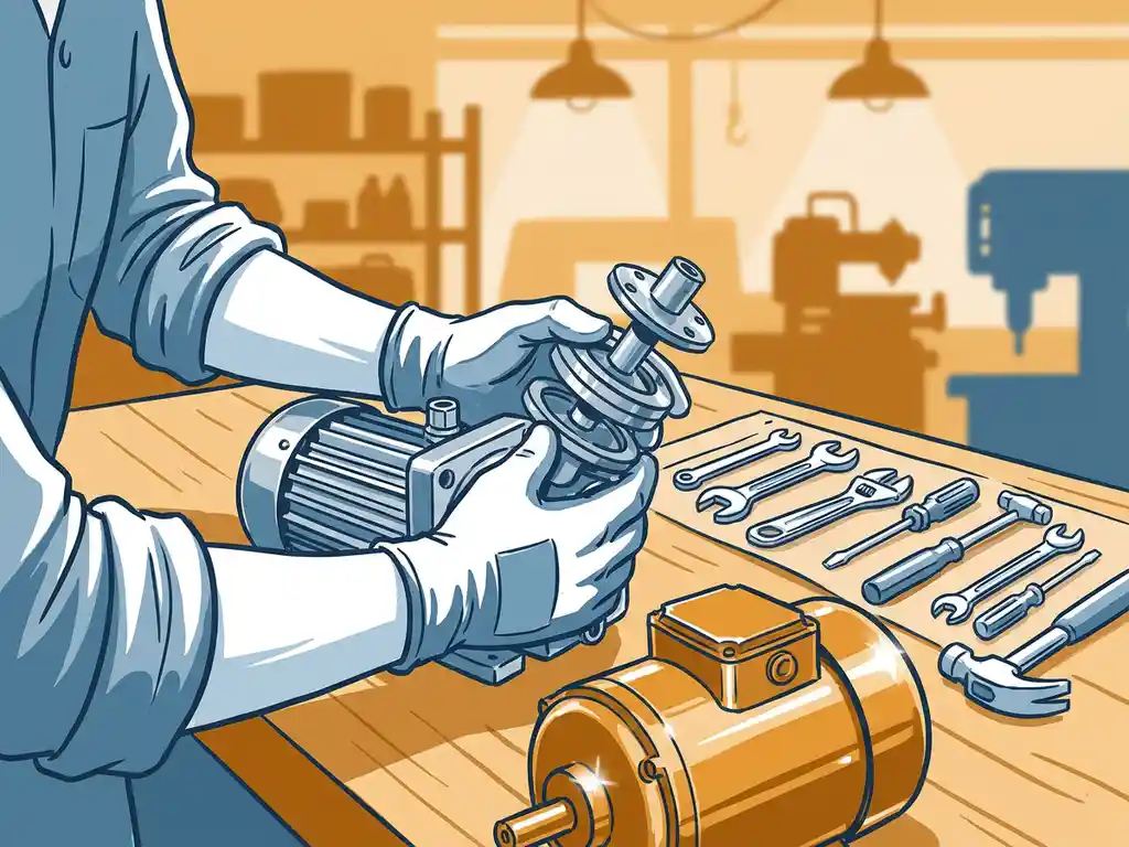 Technicus die een vacuümpomp hermonteert op een werkbank, met gereedschap en een gereviseerde motorcomponent op de voorgrond.