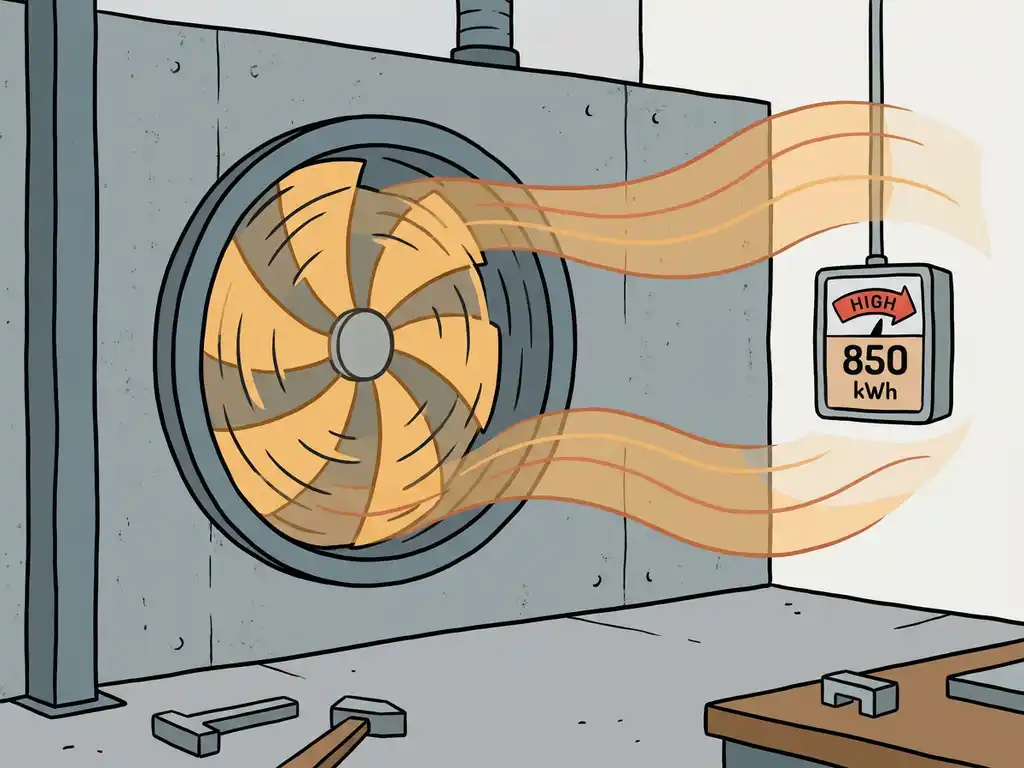 Industriële ventilatorventilator in fabrieksomgeving met energiemeter, warme luchtstroom en betonnen muren in staalgrijs en amber.
