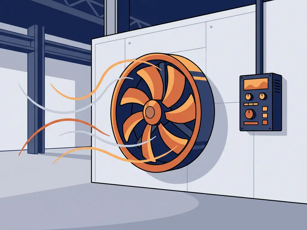 Industriële ventilator met draaiende bladen en variabele frequentieregelaar in een fabriek, strakke illustratie in marineblauw en oranje.