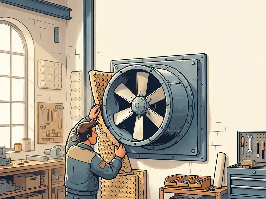 Technicus plaatst geluidsdemperend schuim rond industriële ventilator op fabriekswan, warm atelierinterieur met zijdelings daglicht.