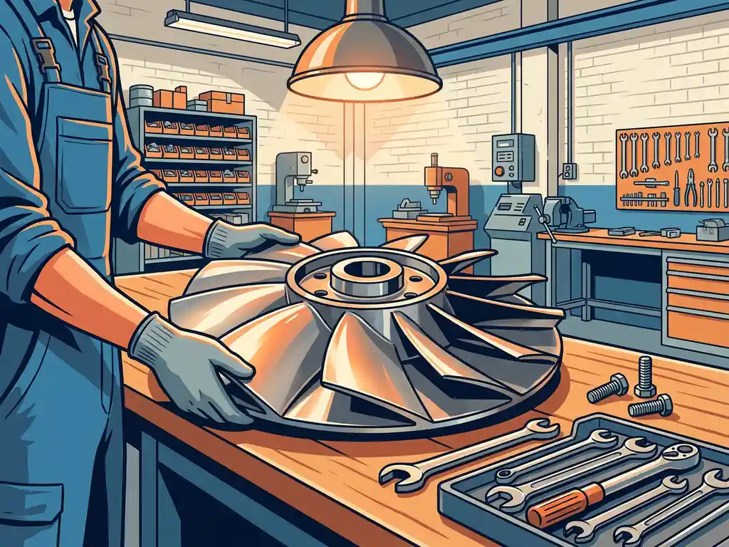 Technicus monteert industriële ventilatorwaaier op werkbank, metalen bladen glanzen onder warm licht, gereedschap netjes gerangschikt.