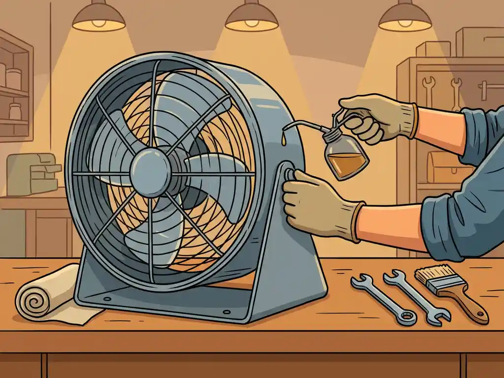 Technicus smeert behuizing van industriële ventilator op werkbank tijdens onderhoud.
