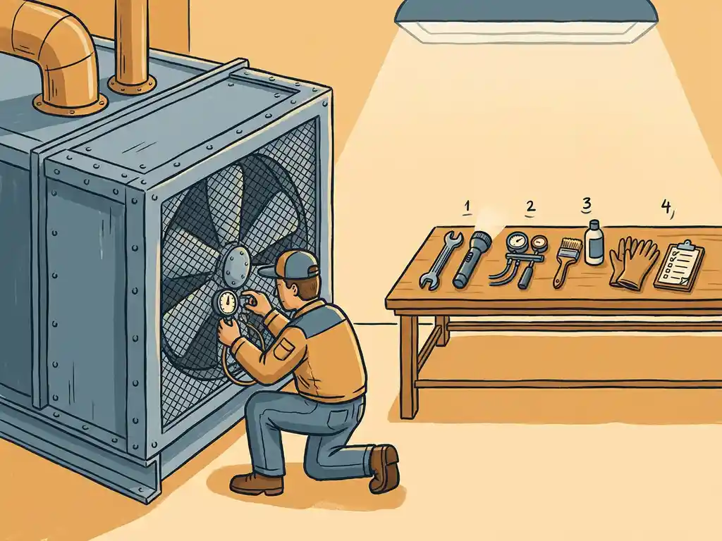 Technicus inspecteert grote industriële ventilator in werkplaats, gereedschap geordend op werkbank, gestileerde illustratie in amber en staalblauwe tinten.