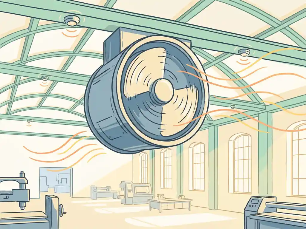 Slimme ventilatieventilator met sensoren in industrieel fabrieksplafond, met zachte luchtstroomlijnen en natuurlijk lichtinval.