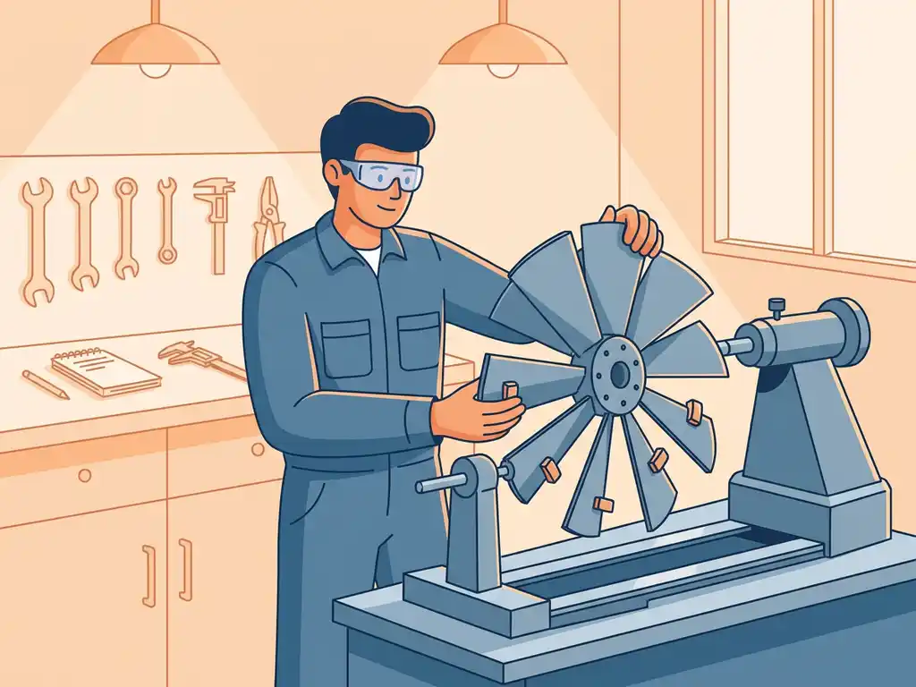 Technicus die een grote industriële ventilatorschoep balanceert op een precisiebalanseerstandaard, met kalibreergewichten aan de randen.