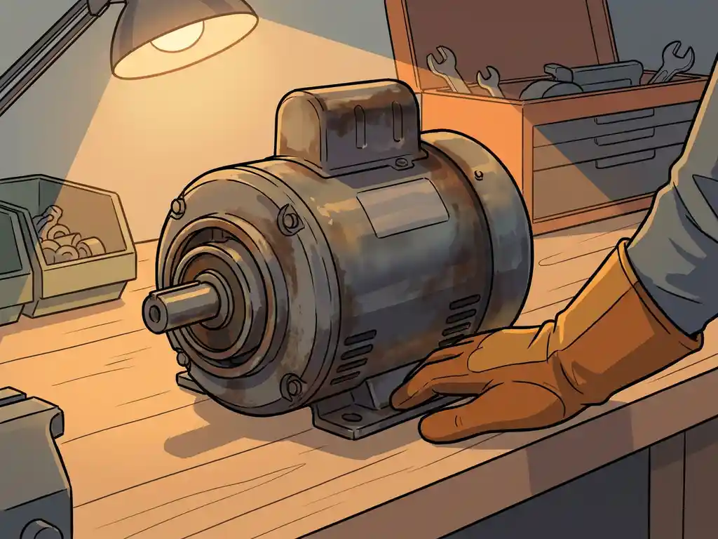 Versleten elektromotor op werkbank met lagerlijtage en hitteverkleuringen, technicus met handschoen ernaast.