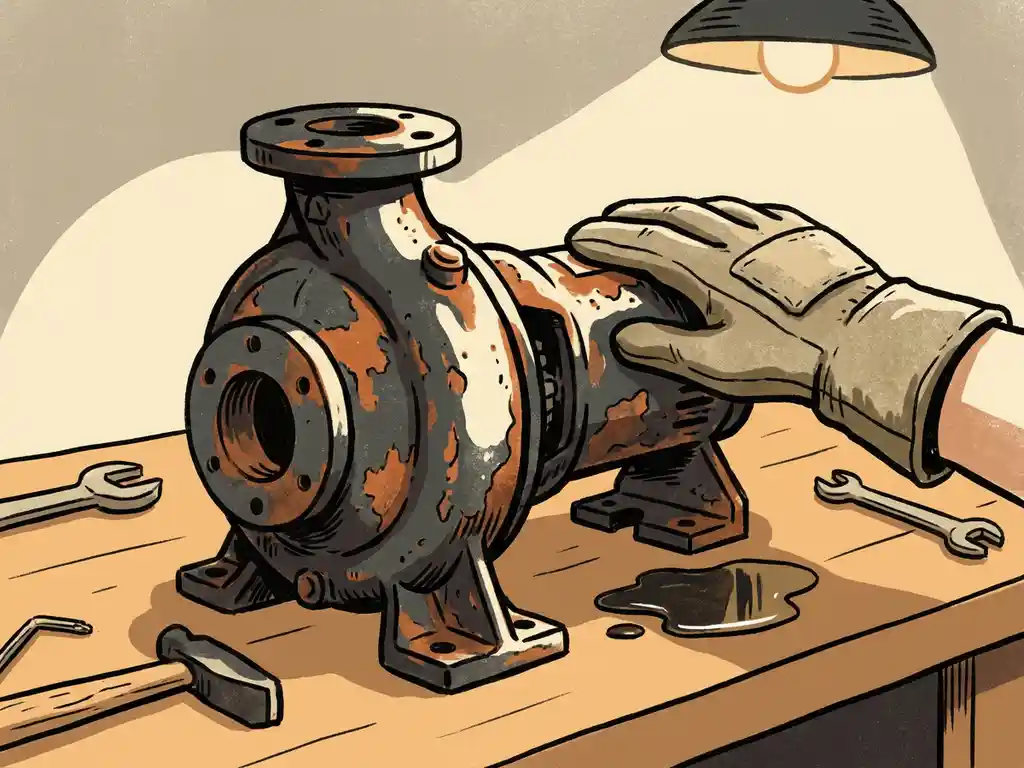 Versleten industriële pomp met roestplekken en lekkage op werkbank, technicus in handschoen inspecteert de behuizing.
