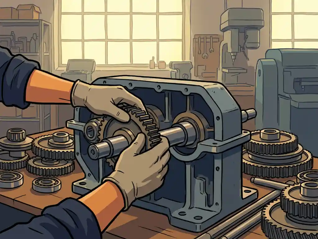 Technicus herstelt stalen tandwielkast op werkbank, met tandwielen en assen zichtbaar op de voorgrond in industriële werkplaats.