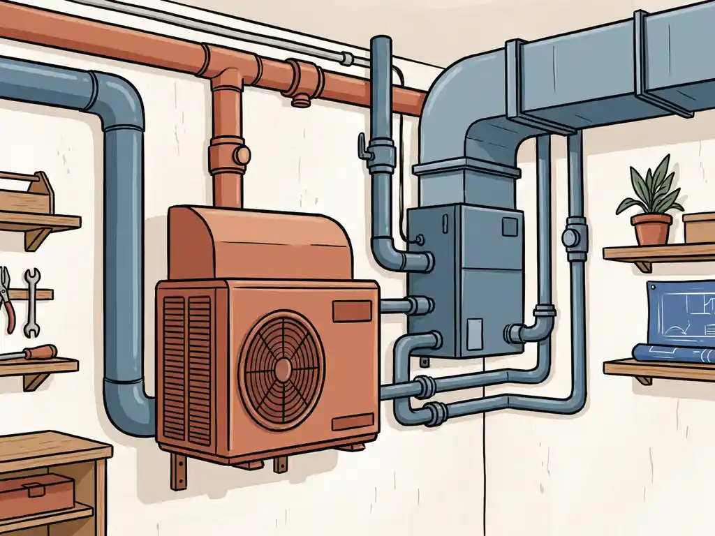 Warmtepomp verbonden met luchtbehandelingsunit via leidingwerk in een nette technische ruimte, illustratie in terracotta en staalblauw.