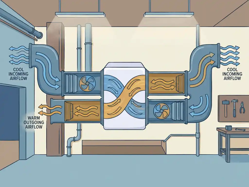 Doorsnede van een warmteterugwinunit met warme afvoerlucht en koele aanvoerlucht die warmte uitwisselen via een centraal recuperatieblok.