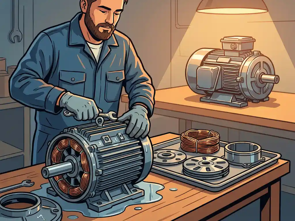 Technicus die een watergedamagede elektromotor demonteert, met koperen wikkelingen en stalen onderdelen op een werkbank.