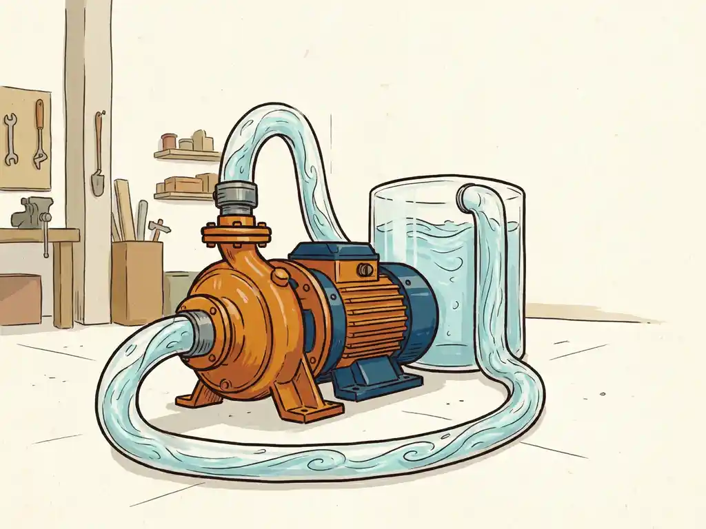 Industriële waterpomp op werkplaatsvloer met circulerend water in doorzichtige leidingen, illustratie in blauw en oranje tinten.