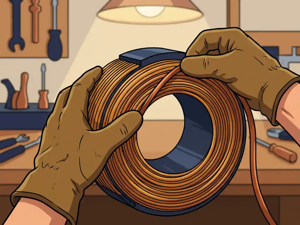 Technicus wikkelt koperdraad om een elektromotor statorkern, nette spoelrijen op een werkbank met gereedschap.